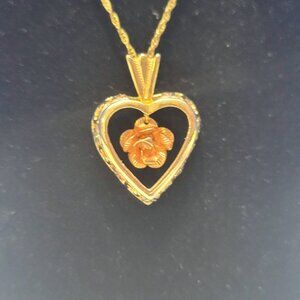 Vintage 10K Black Hills Gold Heart Pendant Necklace with Rose on GF Chain